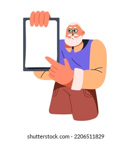 Senior man showing, pointing at blank empty paper on clipboard. Happy old elderly person, professor advertising, presenting smth at tablet screen. Flat vector illustration isolated on white background