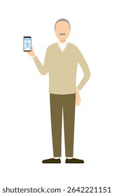Senior man showing smartphone with health app, vector illustration of elderly male using mobile device, Vector Illustration