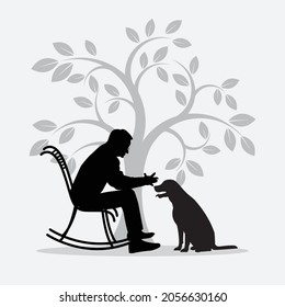 A senior man sit rocking chair with pet. Vector illustration on gray color background.