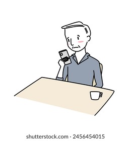 Senior man sitting in coffee shop and using phone. Mature man texting on the phone in cafe. Unhappy elderly man reading messages from his smartphone. Vector illustration with hand-drawn style.