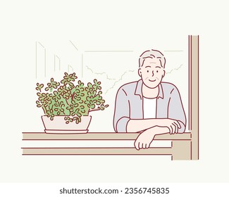 Senior man sitting in garden. Hand drawn style vector design illustrations.