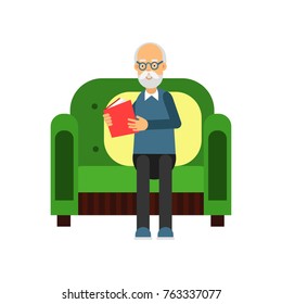 Senior man sitting on the green sofa and reading a book, pensioner people leisure and activity vector Illustration