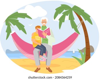 Senior man sitting on hammock read book for his grandson rest outdoor in nature in vacation. Grandpa holding his grandson and reading book with fairy tales. Grandparent, childhood, friendship concept