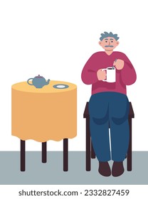 Senior man sitting on kitchen, holding cup of tea and drinking. Older peoples activities and hobby. Flat vector illustration in pink and blue colors in cartoon style