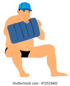 Senior man sitting on sand, holiday summer luxury vacation. Day on the beach vector illustration, sunbathing by the pool. Mature fat man blowing air pillow. Retired man. Elder person relaxation on sun