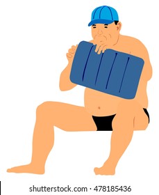 Senior man sitting on sand, holiday summer luxury vacation. Day on the beach vector illustration, sunbathing by the pool. Mature fat man blowing air pillow. Retired man. Elder person relaxation on sun