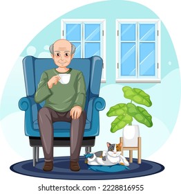 Senior man sitting on sofa at home illustration