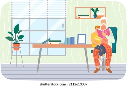 Senior man sitting and read book for his grandson rest outdoor in vacation. Grandpa holding his grandson and reading book with fairy tales. Grandparent, childhood, friendship concept