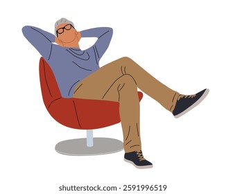 Senior man is sitting in a red chair with his legs crossed. He is wearing glasses and a blue shirt. Concept of relaxation and comfort. Flat vector illustration isolated on white background