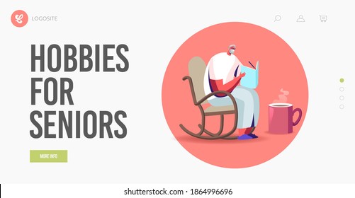 Senior Man Sitting in Rolling Chair Drinking Tea and Solving Crossword Landing Page Template. Aged Male Character Erudition, Sparetime, Leisure and Hobby in Nursing Home. Cartoon Vector Illustration