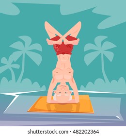 Senior Man Sitting In Yoga Position Relaxing Doing Exercises Flat Vector Illustration