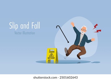 Senior man slip and fall on wet floor. Accident and emergency caution for Elderly.  Senior health care. Vector.