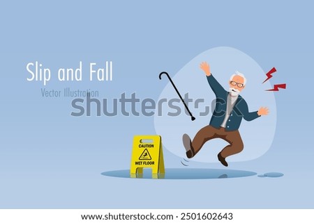Senior man slip and fall on wet floor. Accident and emergency caution for Elderly.  Senior health care. Vector.