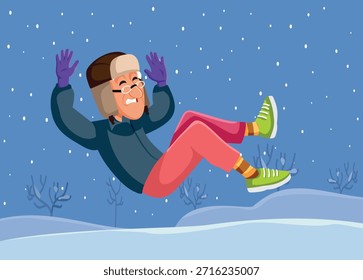 
Senior Man Slipping and Falling on Ice Vektorgrafik. Unglücklicher Opa fühlt sich nach einem Unfall auf rutschigen Schnee verletzt   
