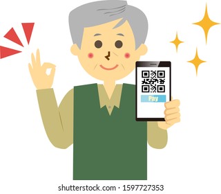 Senior man with smartphone . Cashless payment .
Vector illustration