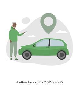 Senior man with smartphone ordering car in mobile application. Carsharing service. Flat cartoon style. Vector illustration