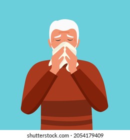 Senior man sneezing concept vector illustration. Old man sneeze in handkerchief. Sick man has flu in winter. Season allergy.