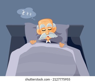 
Senior Man Snoring in Bed Vector Cartoon Illustration. Elderly person sleeping comfortable during nighttime
