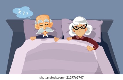 
Senior Man Snoring Upsetting His Wife Vector Cartoon Illustration. Elderly Couple In Frustrating Situation Due To Sleep Apnea Causing Problems
