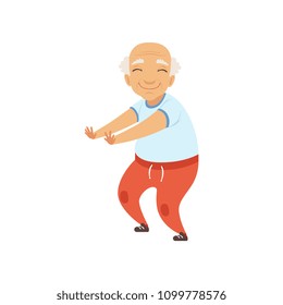 Senior man in sports uniform doing squats, character doing morning exercises or therapeutic gymnastics, active and healthy lifestyle vector Illustration on a white background