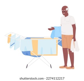 Senior man standing beside towel drying rack semi flat color vector character. Editable figure. Full body person on white. Simple cartoon style spot illustration for web graphic design and animation