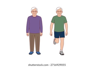 Senior Man Standing and Exercising Set, Elderly Male Character Before and After Fitness Activity, Flat Vector Illustration, Isolated on White Background.