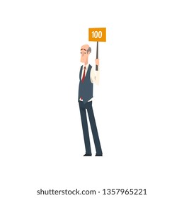 Senior Man Standing and Holding Signboard with Number. Vector Illustration.