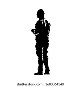 Senior man standing, isolated vector silhouette. Ink drawing. Rear view