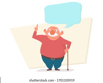 Senior man with stick giving advice about life pointing with finger up. Copyspace for text.