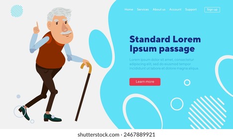 Senior man with stick and index finger up. Flat vector illustration. Old man with gray hair and moustache. Retirement, new idea, old age concept for banner, website design or landing page