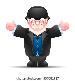 Senior man stretched out his hands to both sides. Full length portrait of elderly businessman dressed in formal suit isolated on white. Vector illustration 10 EPS