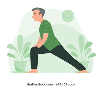 Senior Man Stretching Leg for Yoga Exercise at Home