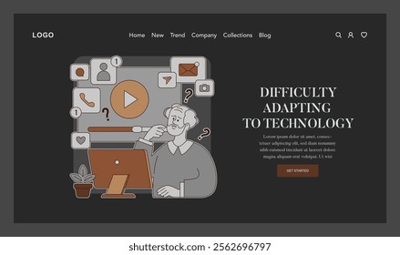 Senior man struggles with digital technology concept. Confusion with new tech depicted by an elderly person pondering over computer icons. Vector illustration.