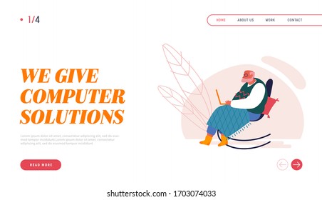 Senior Man Study to Use Computer Landing Page Template. Aged Male Character Sitting at Rocking Chair with Laptop Looking on Screen. New Technology, Chatting, Education. Cartoon Vector Illustration