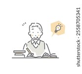 A senior man studying enthusiastically. Simple and stylish line drawing illustration