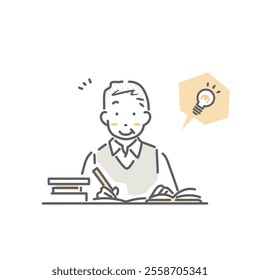 A senior man studying enthusiastically. Simple and stylish line drawing illustration