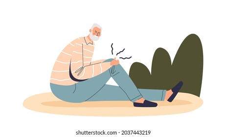 Senior man suffer from pain in knee. Old male cartoon character fall down injured ill with ache or broken leg. Injury risk for aged people concept. Flat vector illustration