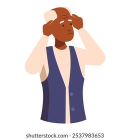 Senior man suffering from headache touching his temples feeling unwell vector illustration