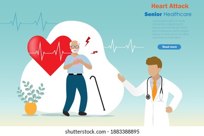 Senior man suffering from heart attack with doctor and red heart ECG - EKG signal, heart beat pulse line.Idea for medical healthcare concept