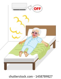 Senior man suffering from heat stroke who lying on the bed with turn off the air conditioner 