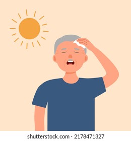 Senior man suffering from heat stroke symptom. He got dizziness and sweaty in hot climate summer.