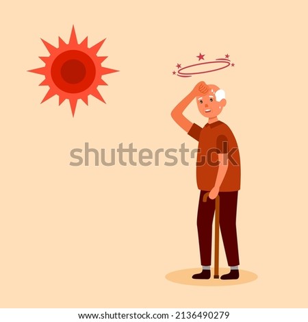 Senior man suffering from heat and sweaty dehydration from strong sunlight in flat design. Hot climate in summer.