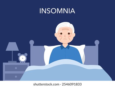 Hombre mayor que sufre de insomnio incapaz de dormir Ilustración vectorial. Abuelo infeliz tratando de descansar por la noche.