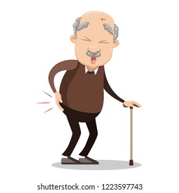 Senior man suffering from pain in hip. Sad elderly man holding walking stick. Unhealthy disabled grandpa cartoon animated personage. Old male patient with rheumatic fever vector illustration.