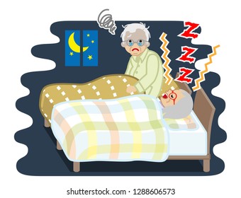 Senior man suffering snore noise by his wife - sleep problem