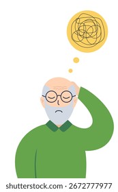 El hombre mayor sufre de pérdida de memoria y demencia, concepto de enfermedad cerebral. Confusión y ansiedad. Paciente de Alzheimer o Parkinson. Esquizofrenia. Problemas mentales. Vector.