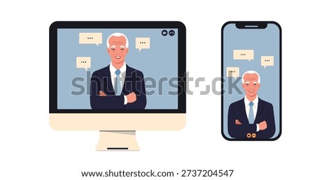 Senior man in suit appearing on computer monitor and smartphone screen during a video call, engaging in remote communication