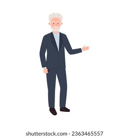 Senior man in suit explaining, showing, presenting. Elderly business mentor, coach on seminar, corporate expert, teacher, marketing lecturer. Vector illustration presenter cartoon character