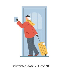 Senior man with suitcase ringing doorbell, flat vector illustration isolated on white background. Person returning home from vacation or business trip. Elderly man in front of the door.