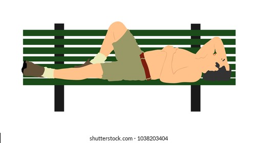 Senior man sunbathing sleeping on wooden bench in the park. Laying outdoors vector illustration isolated on white background.  Drunk person nudity in public. Enjoy on sun. Sleep person liberty.
